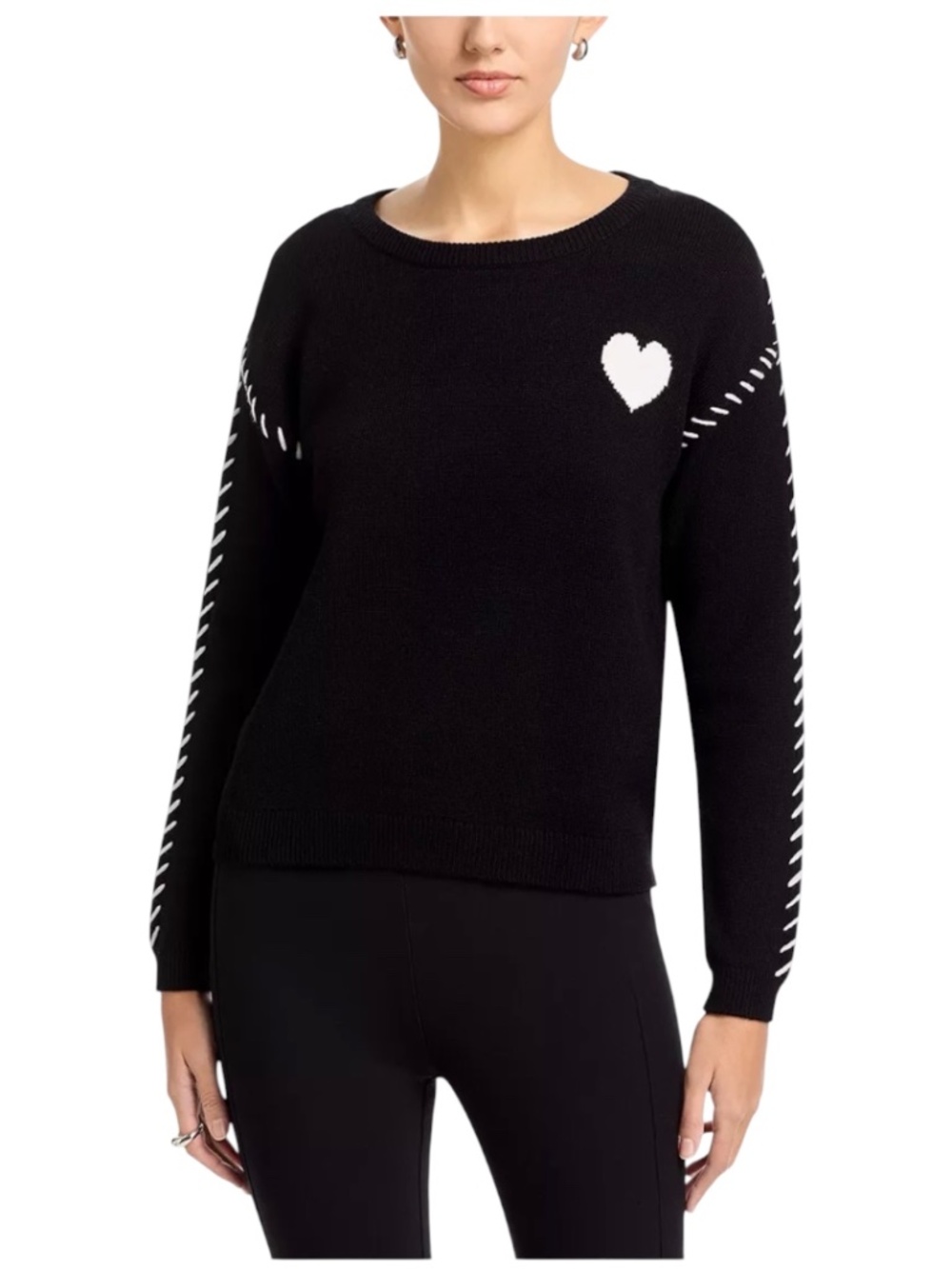 NWT T Tahari Long Sleeve Crewneck Intarsia Heart Sweater | Black / White | M